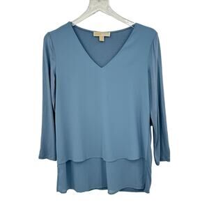 Michael Kors blouse V neck knit chiffon overlay layered blue size XS